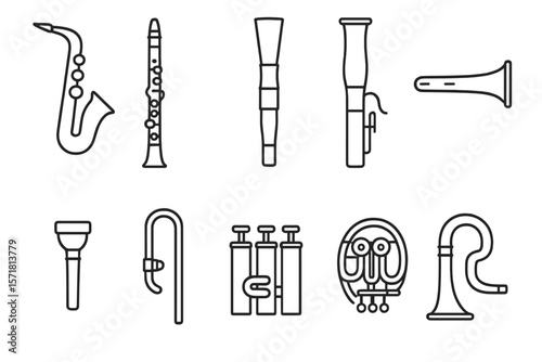 Musical instrument line icon set: saxophone, clarinet, orchestra instruments collection