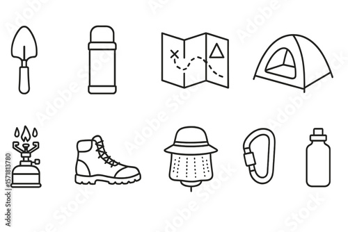 Camping, hiking outline icon set. outdoor adventure essentials linear collection