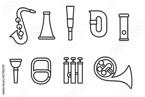 Music instruments outline icon set. saxophone, trumpet, horn icons linear collection