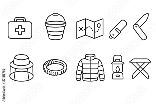Camping and outdoor line icon set. survival, adventure, travel essentials in outline style