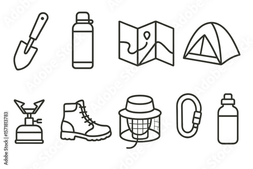 Camping, hiking outline icon set. outdoor adventure essentials line style collection