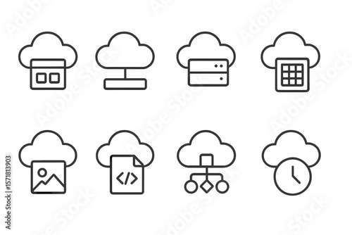 Cloud computing outline icon set for web, technology, networking, and security