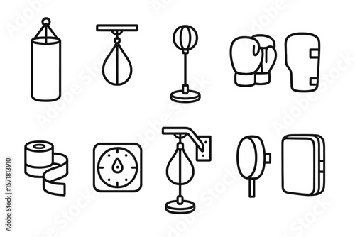 Boxing icon set: punching bag, gloves, and more in outline style
