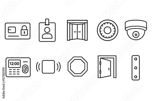 Security and access line icon set: identification, surveillance, door entry icons