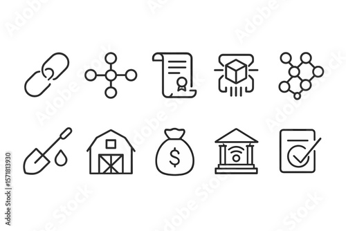 Blockchain, finance outline icon set. technology, banking, agriculture linear collection
