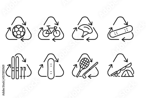 Recycling sports equipment icon set. line icons of gear, symbols for sustainability