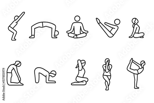 Yoga, fitness outline icon set. poses for wellness and meditation
