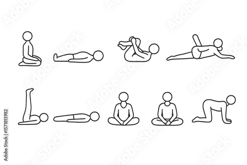 Yoga poses outline icon set. meditation, exercise, stretch icons collection