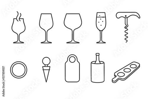 Wine and bar outline icon set featuring drink, glass, and corkscrew in line style