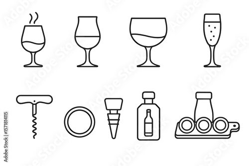 Wine accessories icon set. linear style icons for winery, bar, drink collection