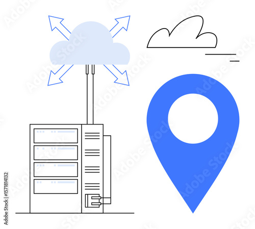 Data server connected to a cloud with arrows indicating data transfer and a location pin symbolizing geolocation. Ideal for cloud storage, networking, big data, IT infrastructure, geolocation tech