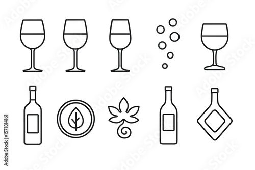 Wine and spirits line icon set. glasses, bottles, and vineyard symbols collection