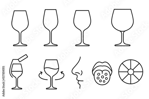 Wine tasting icon set. glass, aroma, sip outline collection for oenophiles