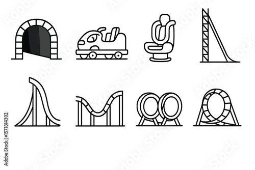 Amusement park line icon set: rides, roller coaster, thrill, family, adventure icons
