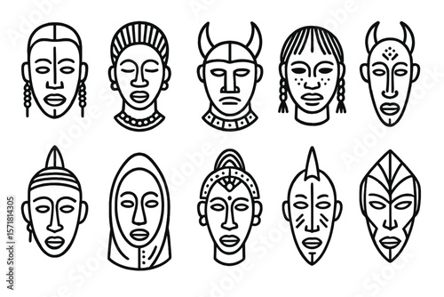 African tribal designs icon set. ethnic, culture, tribal art icons outline collection