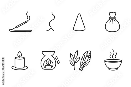 Aromatherapy and incense outline icon set. relaxation, spa, wellness line collection