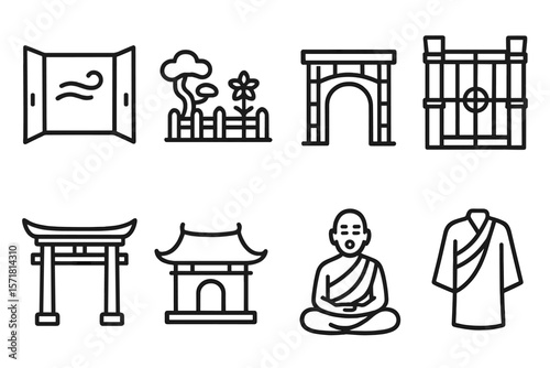 Japanese culture icon set. traditional, zen, meditation icons outline collection