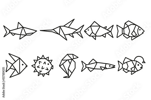 Geometric fish outline icon set. marine life, aquatic symbols outline collection