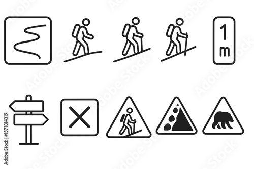 Hiking trail outline icon set. adventure, navigation signs outlined collection