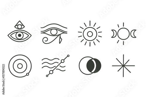 Astronomy and astrology outline icon set. celestial symbols, zodiac signs collection.