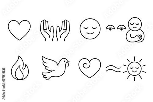 Peace, love, heart line icon set. mindfulness, meditation symbols outline collection