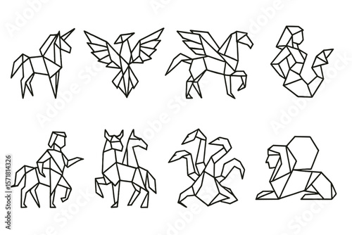 Mythical creatures line icon set. fantasy, origami, myth icons outline collection