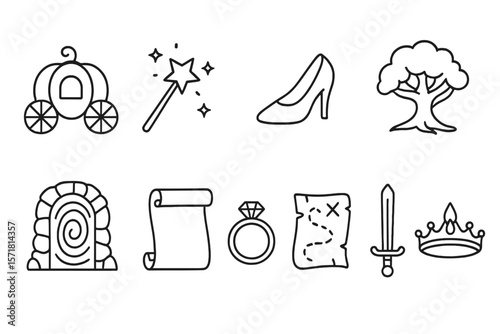 Fairytale magic linear icon set. enchantment, fantasy, dream world icons