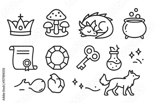 Fantasy, magic line icon set. mystical creatures, enchanted items line collection