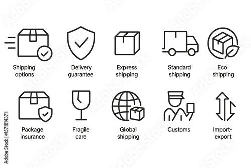 Shipping and delivery outline icon set. logistics, supply chain, eco shipping icons.