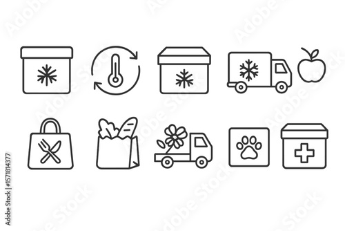 Grocery, delivery outline icon set. food, eco-friendly shopping line illustrations