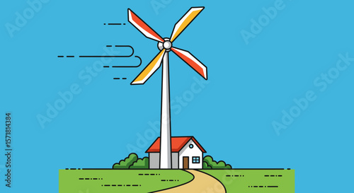 Clean Energy Wind Turbine Powering a Home - Sustainable Living Illustration