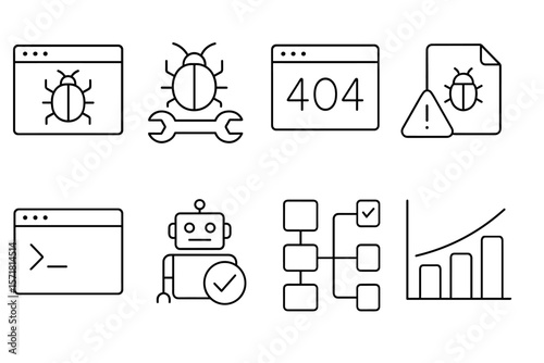 Error, bug line icon set. debugging, 404 pages, and robot line icons collection