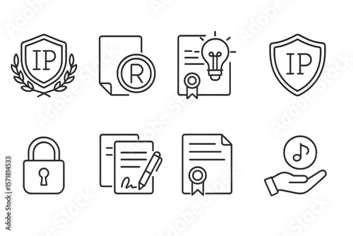Intellectual property outline icon set. copyright, trademark, patent icons collection