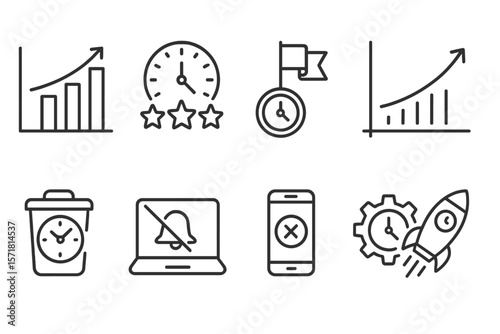 Time management linear icon set. clock, schedule, productivity tools, outline style
