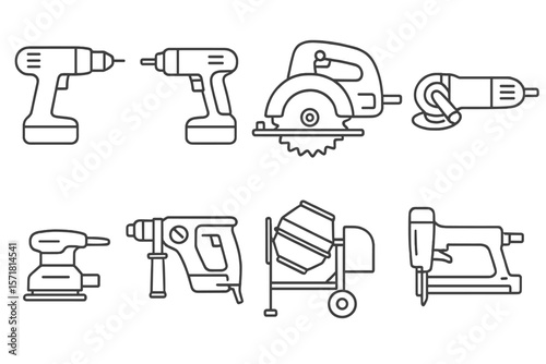 Power tools outline icon set. drill, saw, sander, mixer outline collection