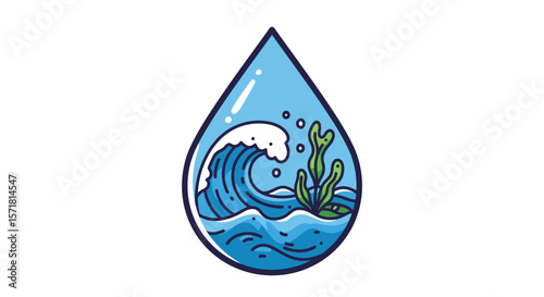 Ocean Wave and Seaweed in Water Drop A Symbolic Illustration