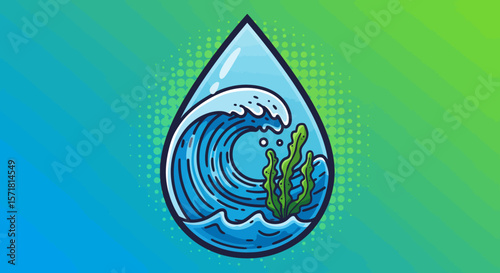 Ocean Wave Inside a Water Drop  Nature's Power and Serenity Illustrated