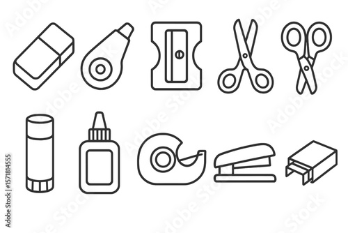 Office supplies linear icon set. essential stationery outline icons collection