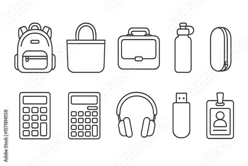 Office essentials line icon set. backpack, calculator, usb, headphones, bottle