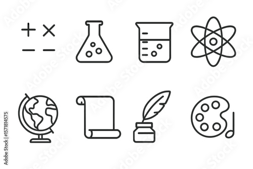 Science and education outline icon set. chemistry, globe, writing, art collection
