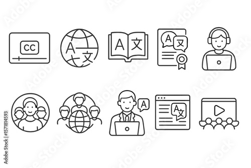 Translation and language line icon set. multilingual communication outline collection