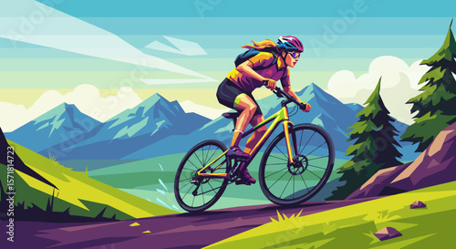 Female Mountain Biker Descending Scenic Trail Adventure, Freedom, and Nature