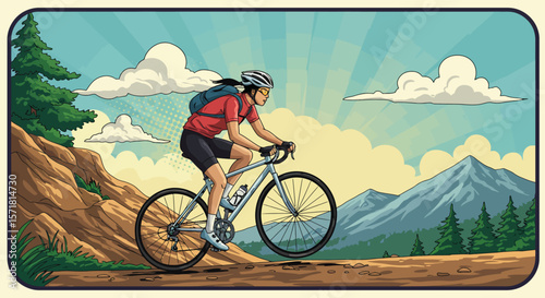 Woman Mountain Biking on Scenic Trail Adventure and Nature Illustration