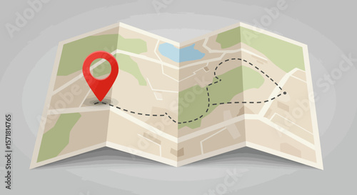 Folded Map with Planned Route and Destination Marker Travel Planning Concept
