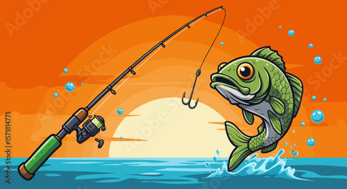 Sunset Fishing A Cartoon Illustration of a Fish Caught on a Rod