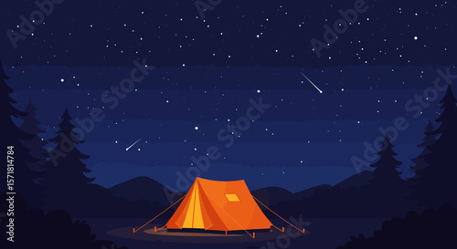 Serene Night Camping Scene Illuminated Tent Under Starlit Sky