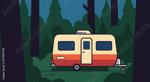 Retro Camper Van in the Forest A Nighttime Camping Illustration