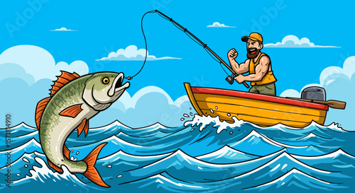 Exciting Fishing Adventure Angler Reels in a Large Catch from a Boat