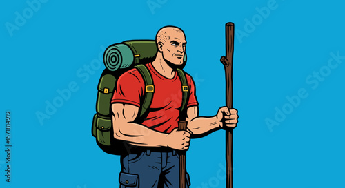 Strong Hiker with Backpack and Walking Stick Adventure Illustration
