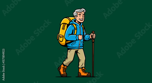 Smiling Senior Hiker Cartoon Illustration Adventure, Nature, and Exploration